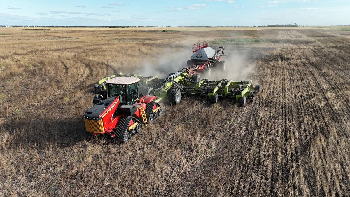 The Spyder Disc Drill excels at seeding in high residue conditions, such as stripped crop or, in this case, fall seeding into a crop of canola that was damaged by hail. The Spyder Disc Drill won the Innovation Award at Manitoba Ag Days in 2023. Photo: Supplied