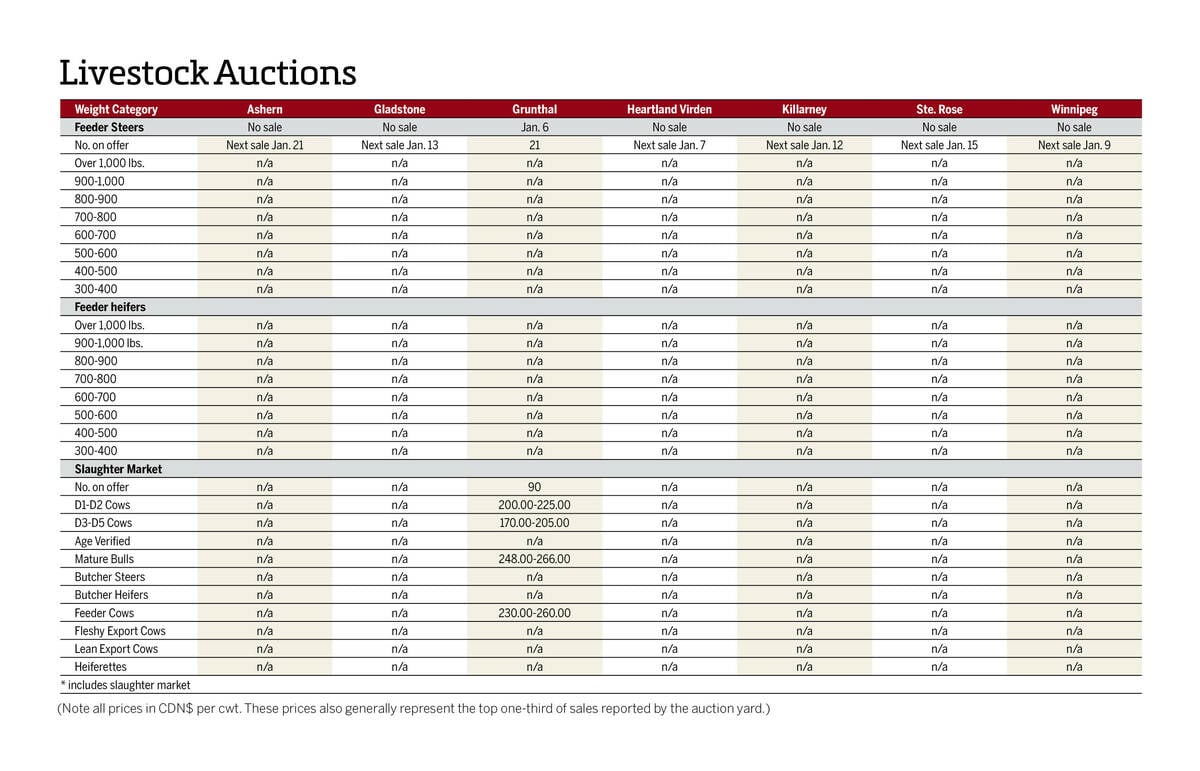Cattle prices at Manitoba auction sites for the week ended Jan. 6, 2026.