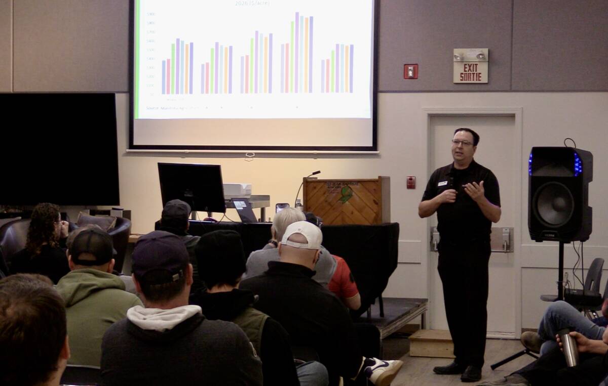 Darren Bond, farm management specialist with Manitoba Agriculture, speaks at St. Jean Farm Day on Jan. 8, 2026.  Photo: Greg Berg