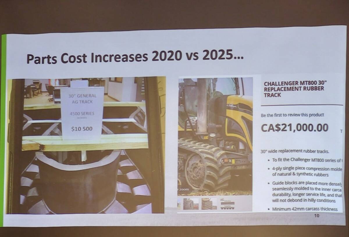 Darren Bond used an example in his presentation of parts inflation on his farm operation. Replacement tracks for his tractor doubled in price between 2020 and 2025. Photo: Greg Berg