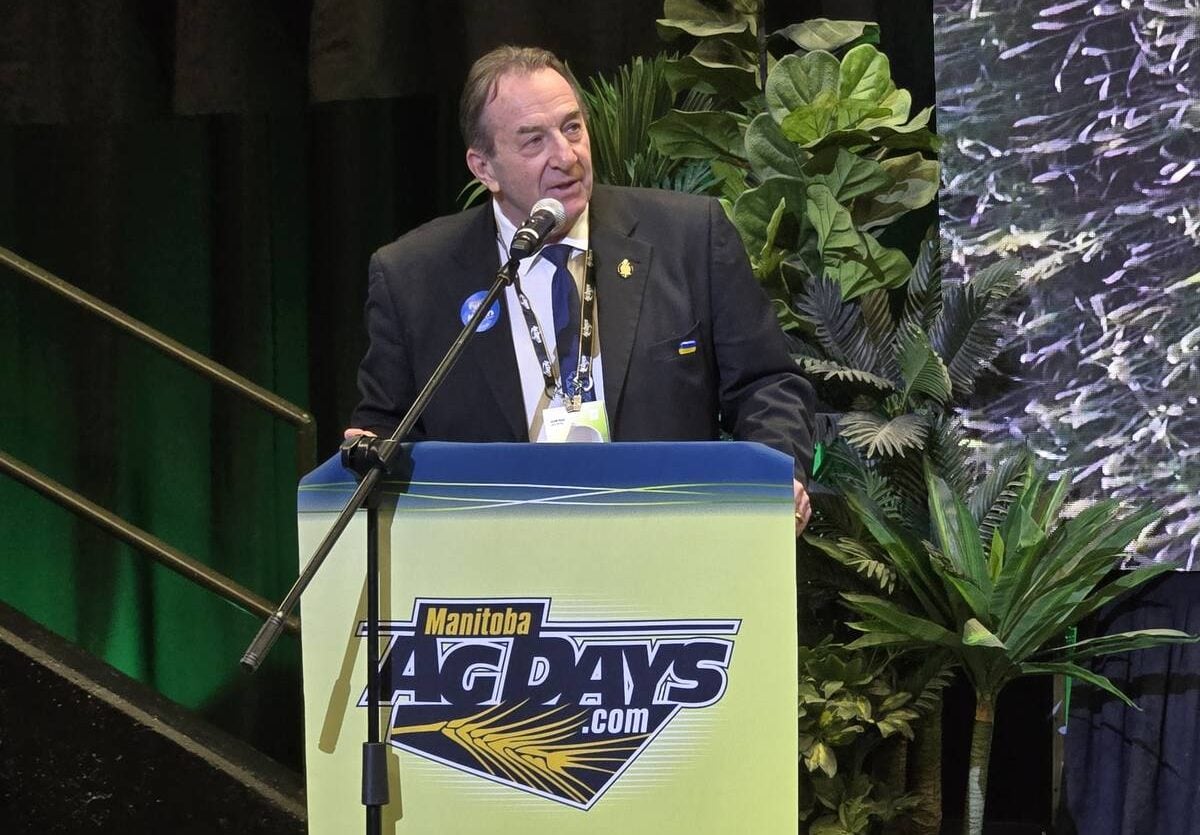 Manitoba Agriculture Minister Ron Kostyshyn announces changes to the 2026 agricultural insurance programs at Manitoba Ag Days in Brandon on Jan. 20, 2026. Photo: Miranda Leybourne