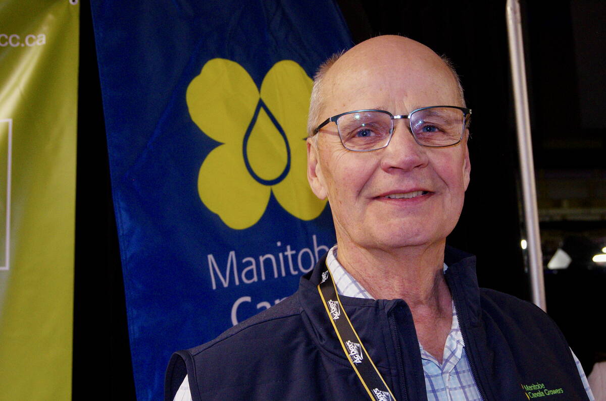 Warren Ellis, chair of the Manitoba Canola Growers Association, during a morning of canola-focused speaking events at Manitoba Ag Days 2026 in Brandon. Photo: Alexis Stockford