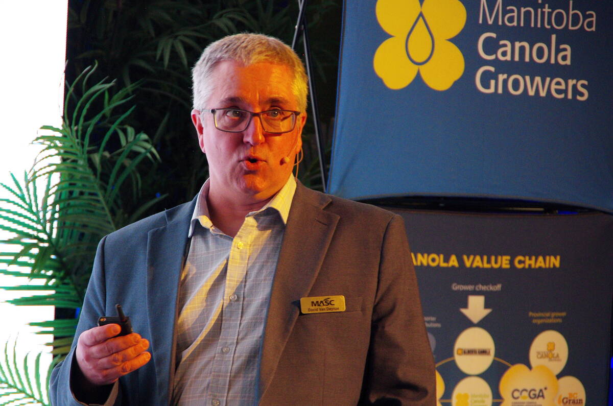 David Van Deynze, chief product officer with Manitoba Agricultural Services Corporation (MASC), speaks during the opening day of Manitoba Ag Days 2026. Photo: Alexis Stockford