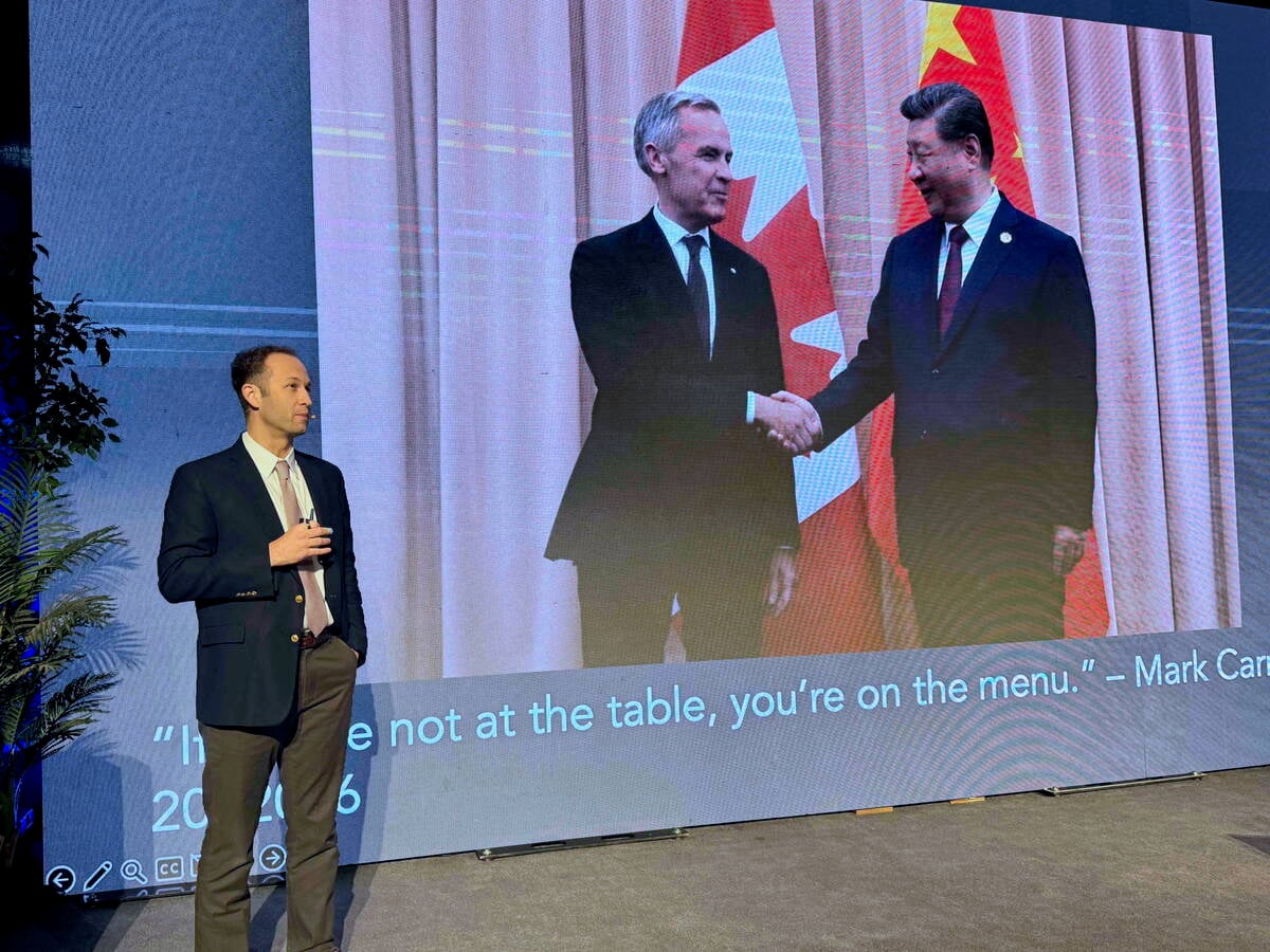 U.S. based analyst Jacob Shapiro tackles the latest news in Canada-China trade relations during Manitoba Ag Days 2026 in Brandon, Man. Photo: Laura Rance
