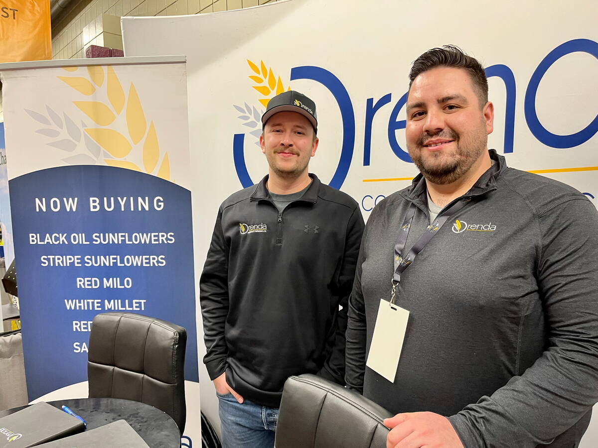 (From left to right) Nicolas Nordick, Orenda assistant general manager, and Mathew Talbot, Orenda commodity originator, at the company's Ag Days booth Jan. 21, 2026. Photo: Alexis Stockford