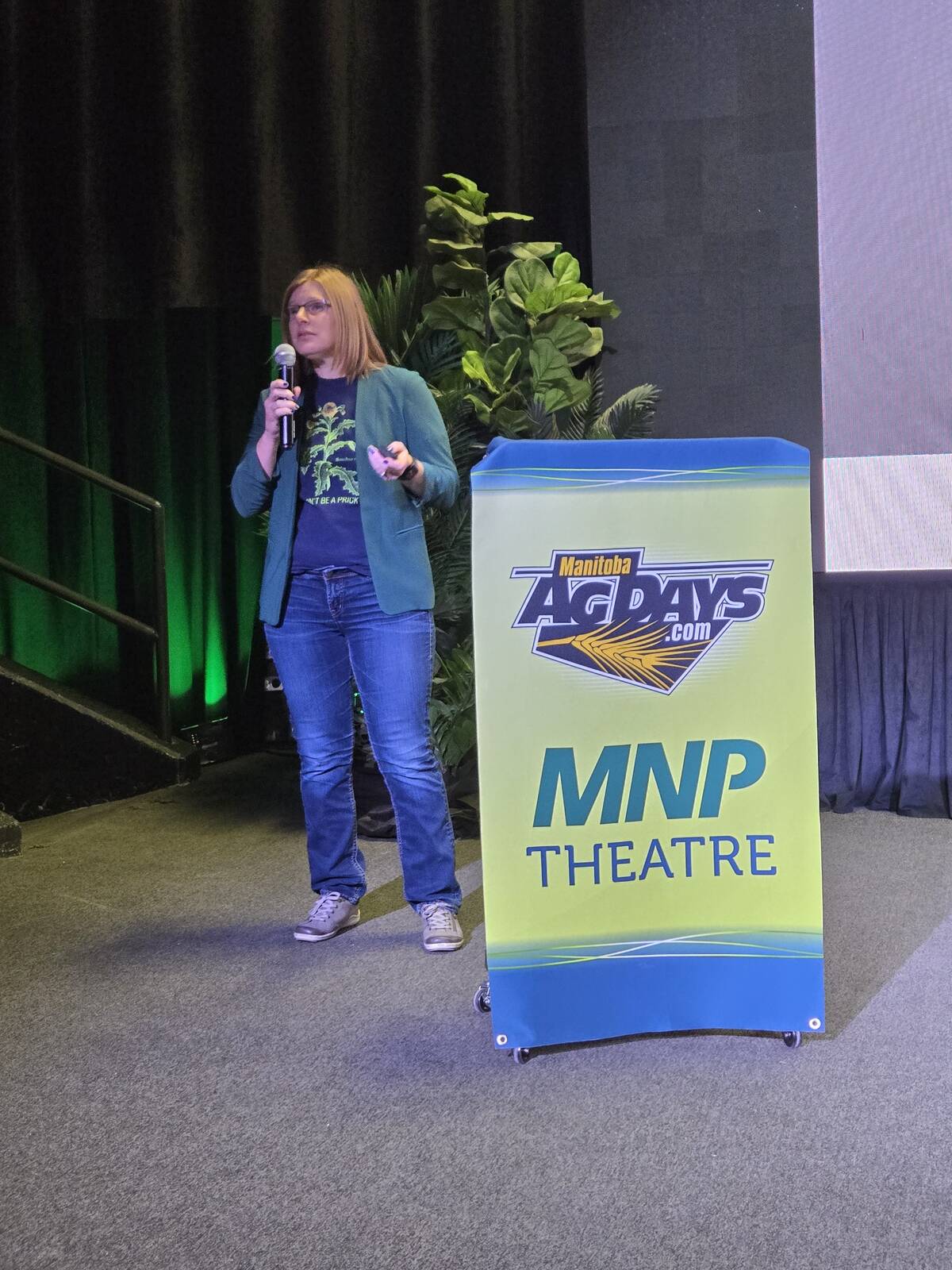 Jeanette Gaultier, a technical specialist with BASF Agricultural Solutions Canada, speaks about wild oats and other problem weeds at Manitoba Ag Days 2026 in Brandon Jan. 21. Photo: Miranda Leybourne