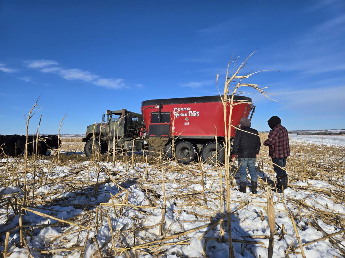 Participants at a winter grazing tour on Bos Family Farms near Rapid City, Man., check out "Mad Max" the feeding truck at on Jan. 12, 2026. Photo: Miranda Leybourne
