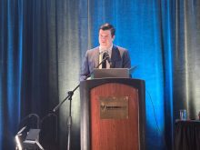 Carson Callum, chief executive officer of Manitoba Beef Producers, speaks at the group's annual general meeting in Brandon, Man. on Feb. 12, 2026. Photo: Miranda Leybourne