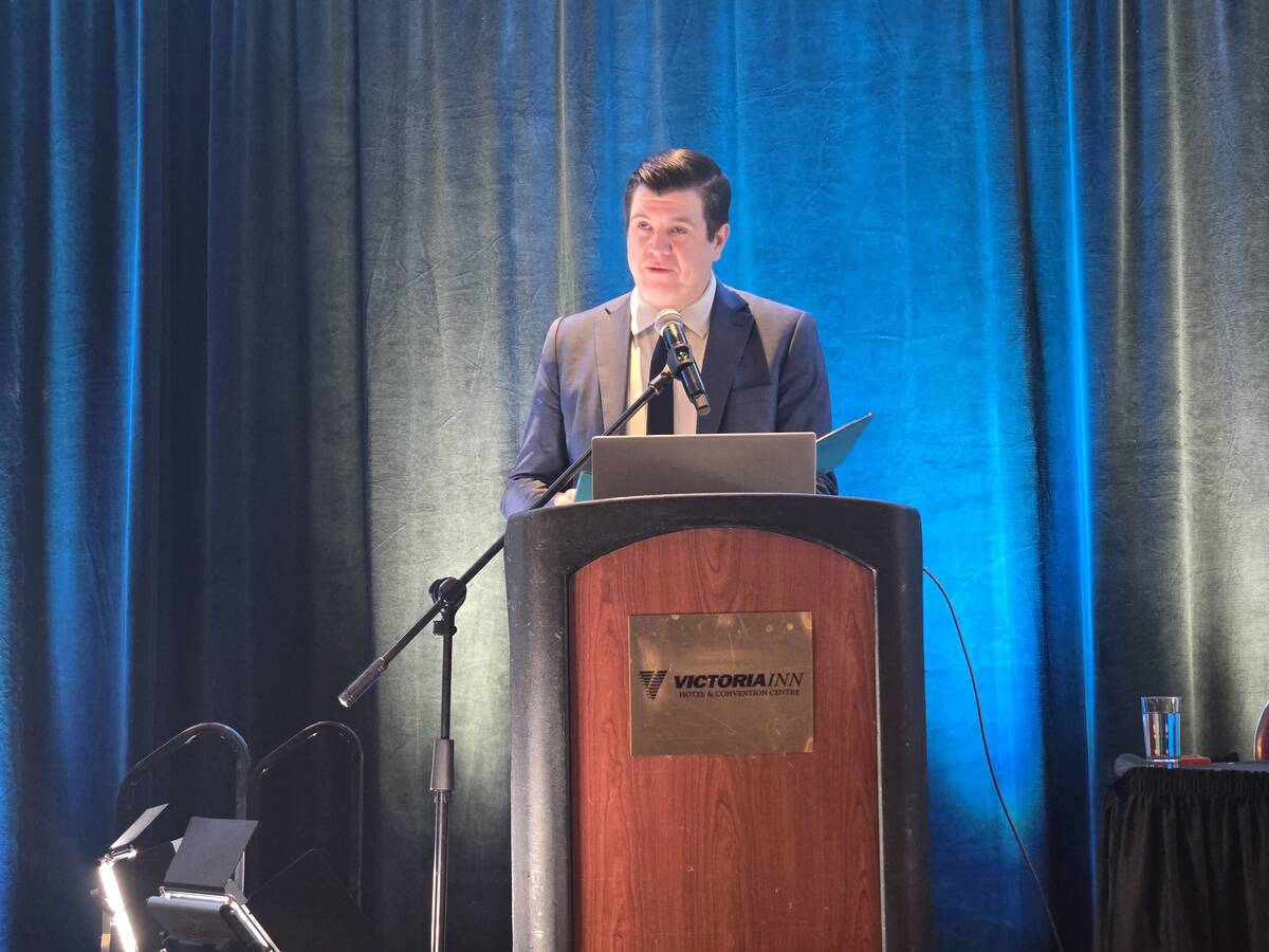 Carson Callum, chief executive officer of Manitoba Beef Producers, speaks at the group's annual general meeting in Brandon, Man. on Feb. 12, 2026. Photo: Miranda Leybourne