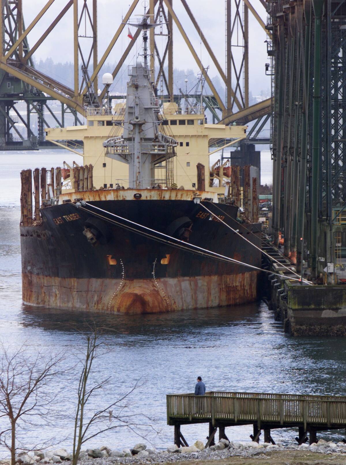 A grain ship sits awaiting its cargo at an idle grain terminal in the port of Vancouver March 16 after government grain weighers struck grain terminals, closing four of Vancouver's five grain terminals in a push for a new contract for federal trade employees. The bulk of Canada's winter wheat exports move through the port of Vancouver.

MB/ELD/ME