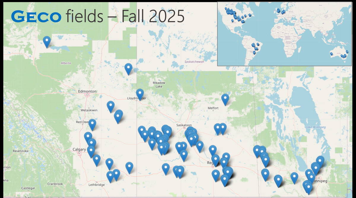 Geco’s field footprint in fall 2025, with most mapped acres clustered in Saskatchewan and Alberta. Credit: Geco