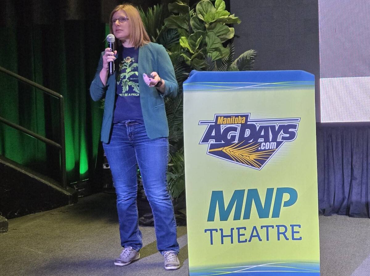 Jeanette Gaultier, a technical specialist with BASF Agricultural Solutions Canada, spoke about kochia and other problem weeds at Manitoba Ag Days 2026 in Brandon. Photo: Miranda Leybourne