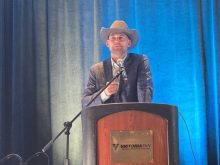 Jon Vaags, a representative with the Manitoba Beef Producers (MBP) and member of the National Cattle Feeders&rsquo; Association board, speaks at the MBP's annual general meeting in Brandon on Feb. 11 and 12, 2026. Photo: Miranda Leybourne