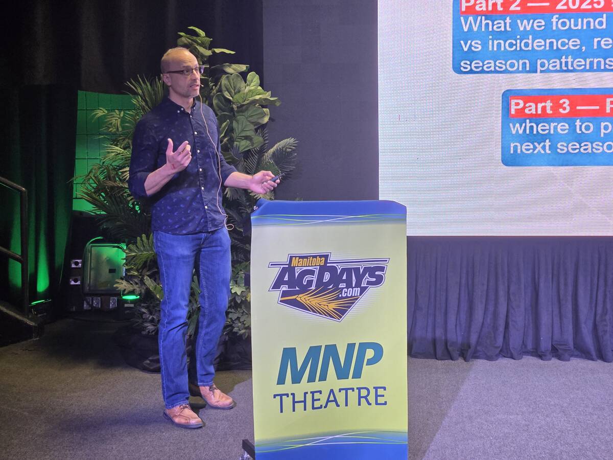 Ahmed Abdelmagid, a research scientist with Agriculture and Agri-Food Canada, presented survey results showing white mould was the primary concern during late-season soybean field assessments at Manitoba Ag Days 2026. Photo: Miranda Leybourne