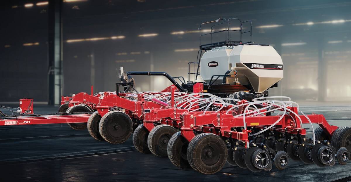 The CDi50 drill will debut for 2027 with a 50-foot working width and mounted twin product tanks. It also gets a new paint scheme, which will become standard across the Bourgault line of drills.