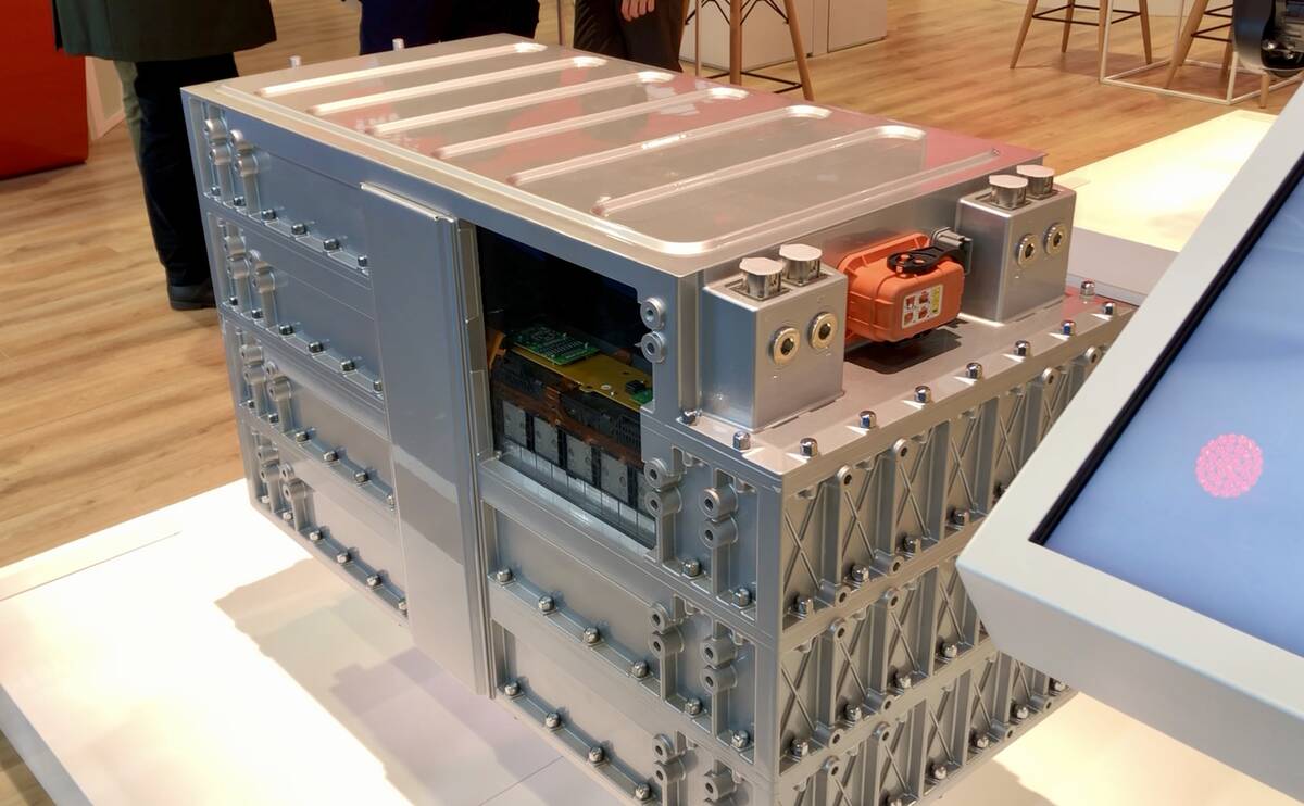 FPT’s Forma modular battery pack concept on the show floor at Agritechnica 2025, in Hanover, Germany. Photo: Greg Berg