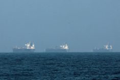 Tankers sit at anchor near the Strait of Hormuz. Disruptions in this vital trade route, combined with export caps in Russia, have severely constrained global supply, forcing Canadian farmers to face significantly higher fertilizer prices just as planting begins. Photo: Reuters/Amr Alfiky/file
