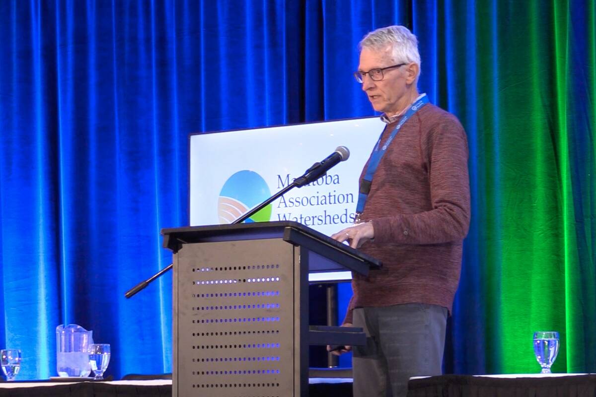 Dave Sauchyn, director of the Prairie Adaptation Research Collaborative, speaks at the 2025 Manitoba Association of Watersheds Conference in December 2025. Photo: Greg Berg