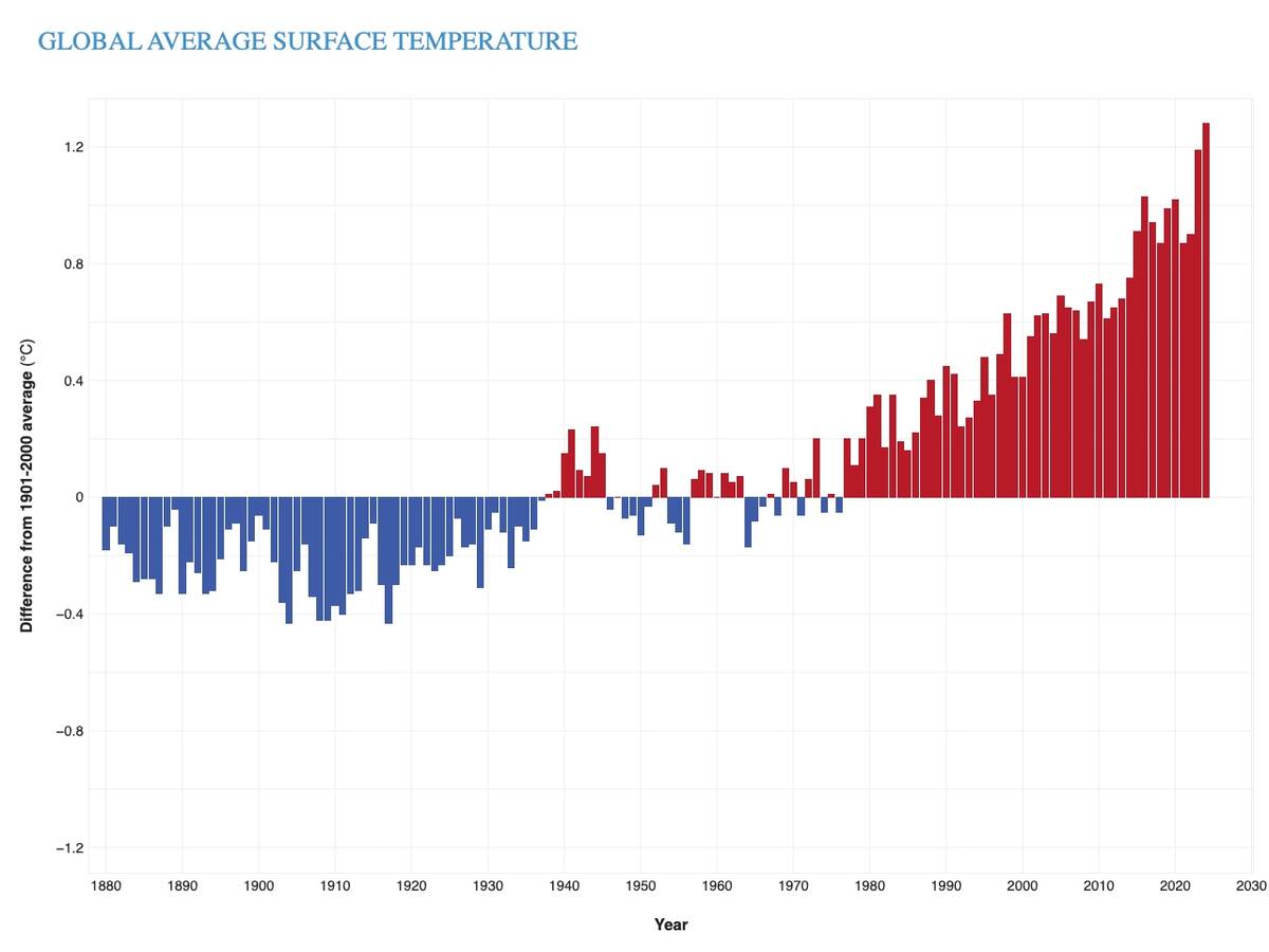 Yearly surface temperature from 1880&ndash;2024, compared to the 20th-century average (1901-2000). Blue bars indicate cooler-than-average years. Red bars show warmer-than-average years. Image: NOAA Climate.gov
