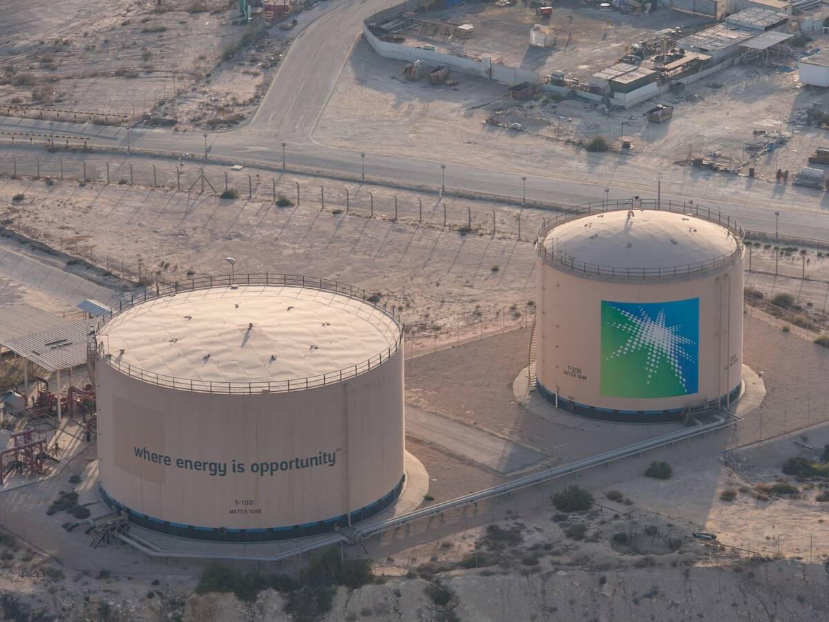 An aerial view of an Aramco tank farm at Ras Tanura, a Persian Gulf port city on a peninsula in Saudi Arabia's Eastern Province. Photo: Aramco.com
