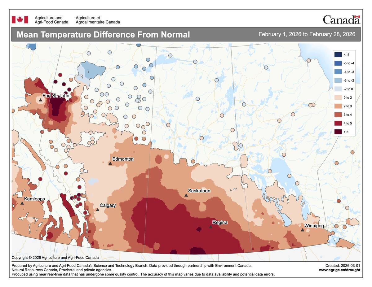 This map shows the mean temperatures in February across the Prairies, as compared to the long-term average. It was a warm month, with only a small region in northern Alberta reporting below-average temperatures. The warmest readings, compared to average, were centered over southern Saskatchewan, where mean temperatures where as much as 5 C above average.
