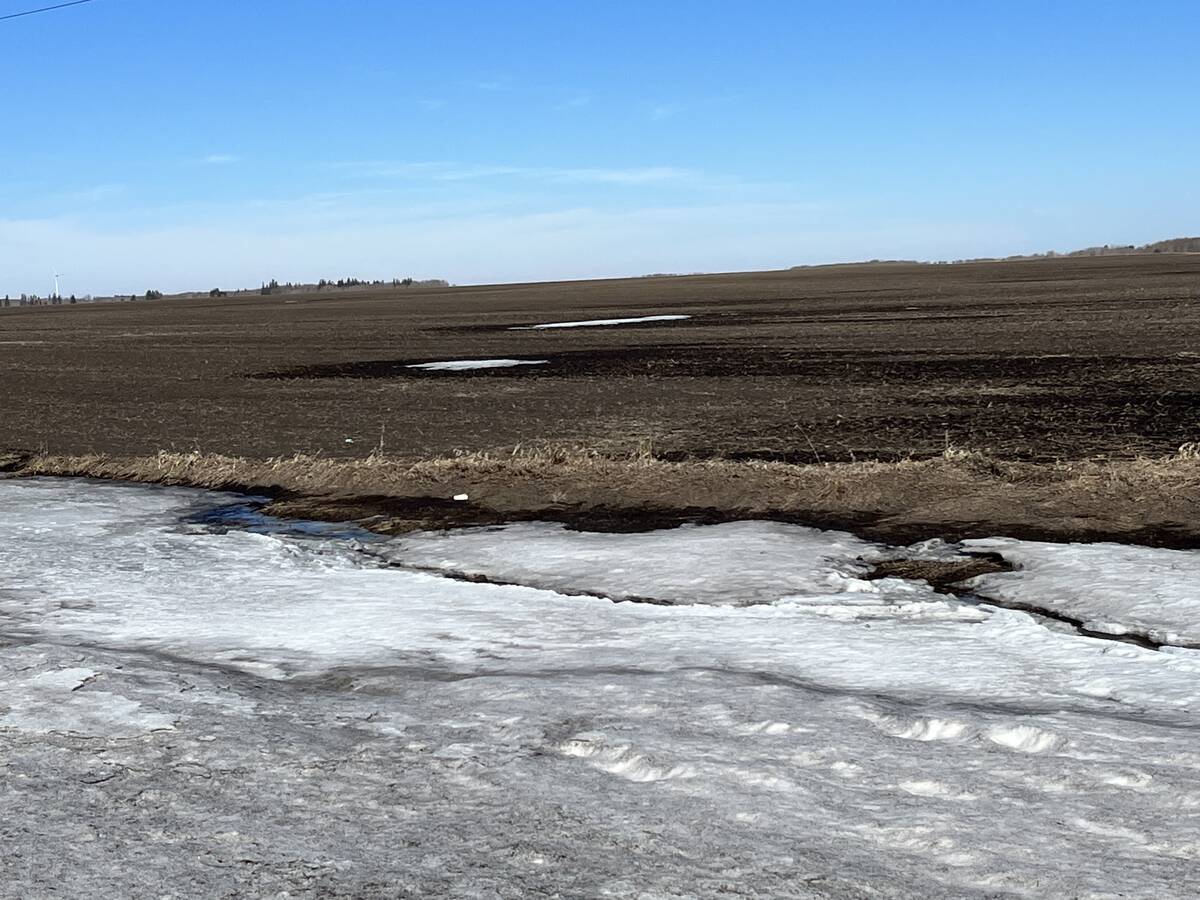 The last remaining snow disappears off a field in south-central Manitoba April 3, 2023. Photo: Alexis Stockford
