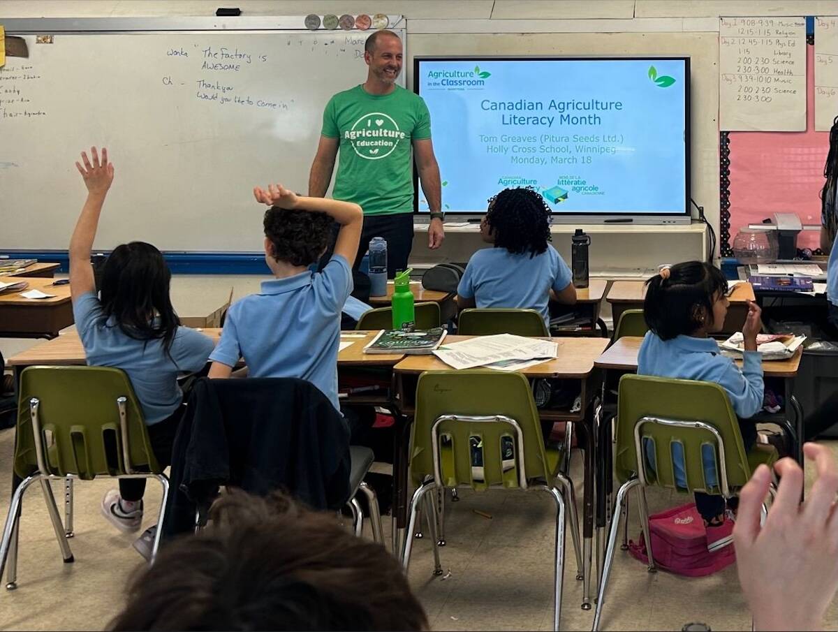 Tom Greaves of Pitura Seeds visits a Winnipeg classroom during Canadian Agriculture Literacy Month. Photo: Agriculture in the Classroom - Manitoba