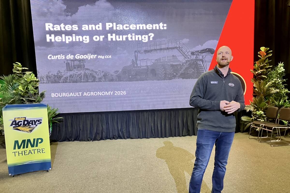 Curtis de Gooijer of Bourgault Industries presents seeding and fertilizer rate trial results at Manitoba Ag Days. Photo: Greg Berg