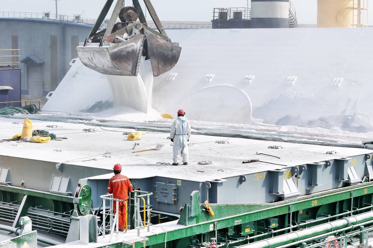 Fertilizer is being loaded onto a cargo ship at Yantai Port in Shandong, China on March 16, 2026. Photo: CFOTO/Sipa USA
