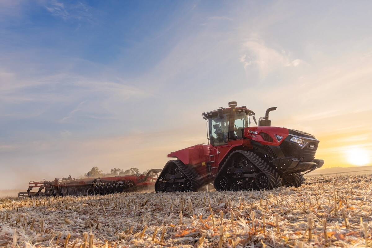 Case IH Steiger 785 Quadtrac pulling tillage equipment through crop residue at sunset, the most powerful model Case IH has offered. Photo: Case IH
