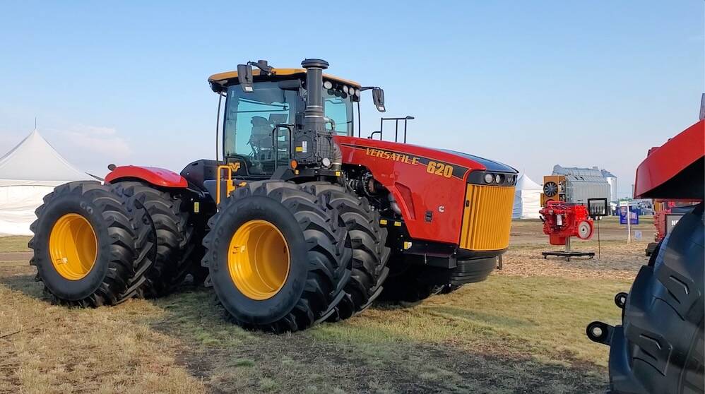 Red and yellow Versatile 620 four-wheel drive tractor on display at the Ag in Motion farm show. Photo: Scott Garvey