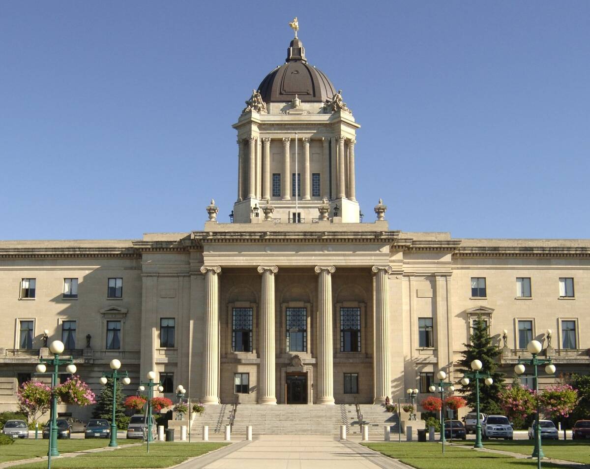 The south side of the Manitoba Legislature building in Winnipeg, where Finance Minister Adrien Sala announced the 2026 provincial budget with expanded farm support programs. Photo: Government of Manitoba