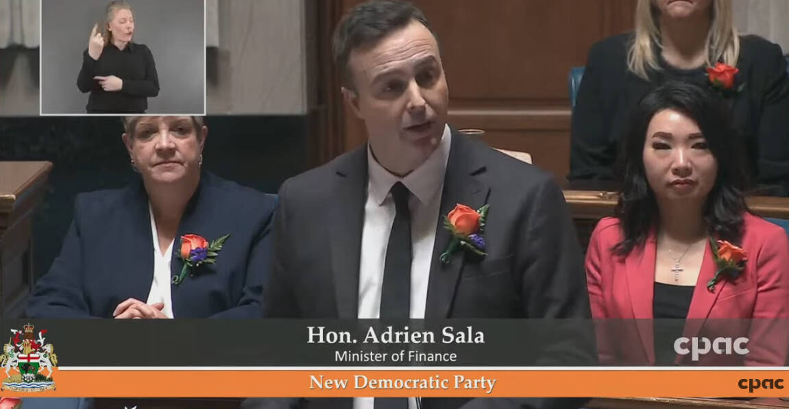 Manitoba Finance Minister Adrien Sala speaking in the legislature during the 2026 provincial budget announcement.