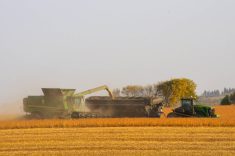 A John Deere combine and grain cart setup harvests soybeans in western Manitoba near Neepawa on Sept. 28, 2025. Photo: Alexis Stockford.