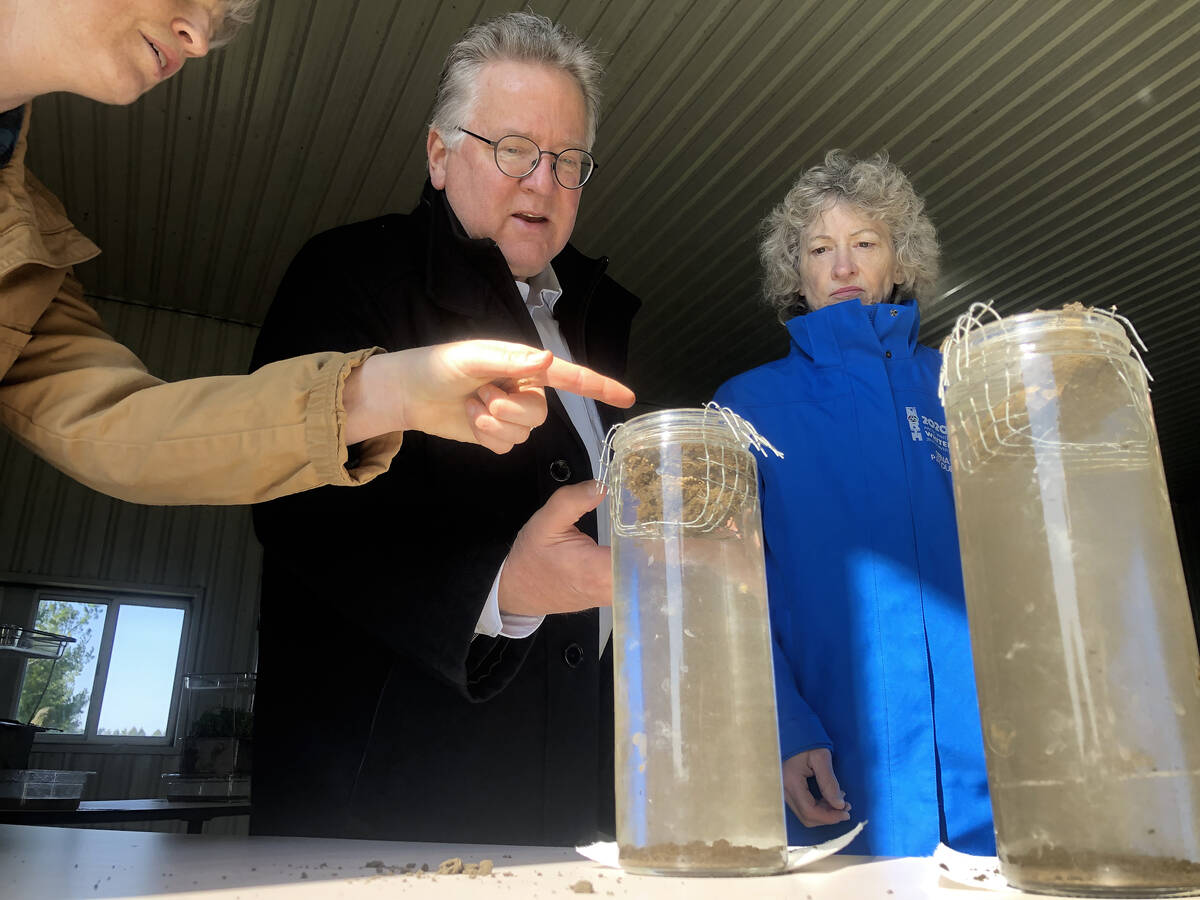 Under the direction of Heather White, Soils at Guelph, far left, Ontario Senator Rob Black, centre, and Yukon Senator Pat Duncan, right, compare the integrity of two soil samples gently laid in mesh baskets to see which will hold its form and which will crumble in long tubes of still water. Photo: Diana Martin