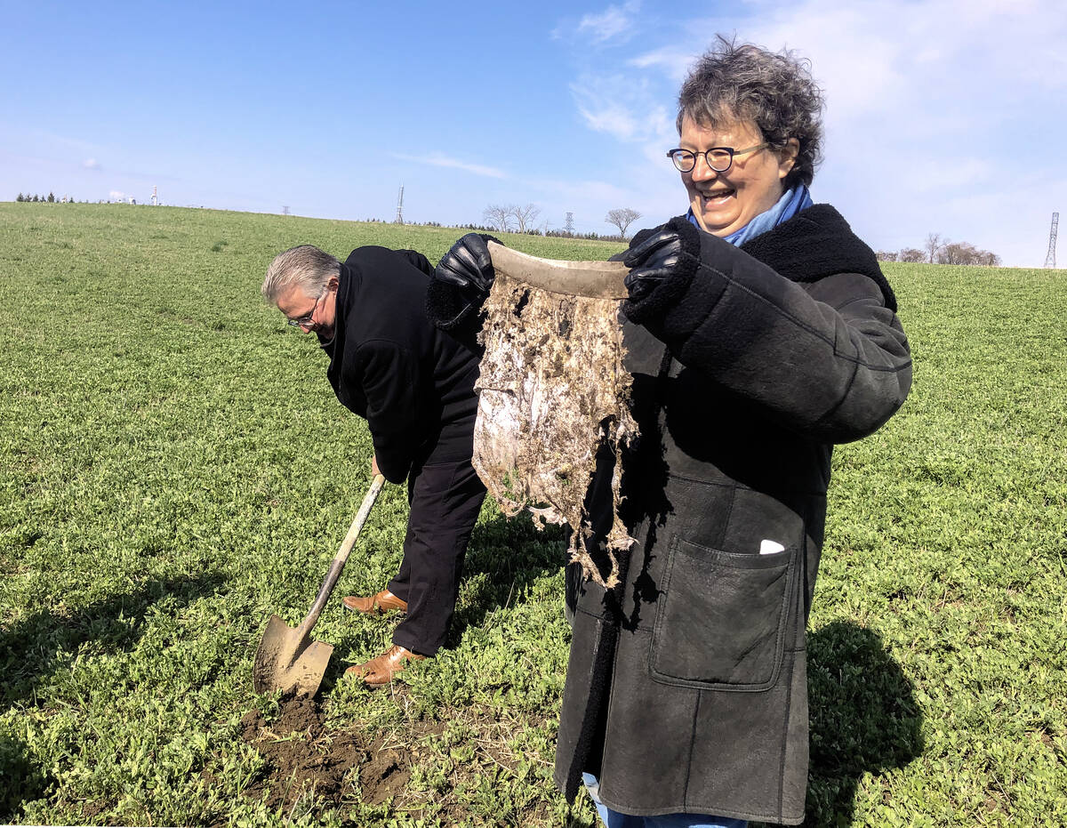 Senator Paula Simon couldn’t hold back a laugh at the degraded underwear she and Senator Rob Black, background, had just dug up from land at the University of Guelph’s Soil Health Interpretive Centre in Elora during an Agriculture and Forestry Senate Committee national soil study fact-finding mission. Photo: Diana Martin