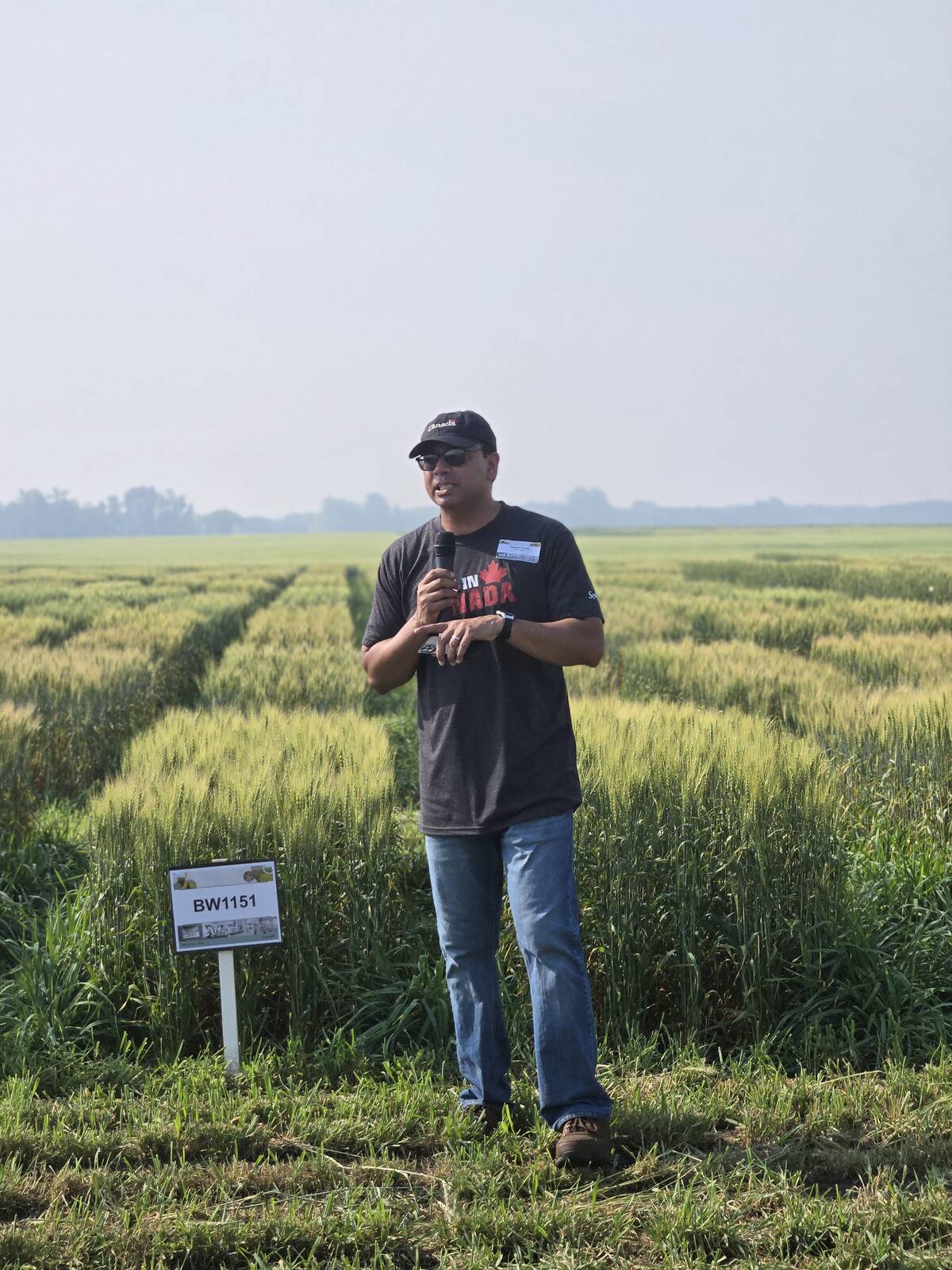 Santosh Kumar, a wheat breeder with Agriculture and Agri-Food Canada, speaks about AAFC&rsquo;s history of wheat breeding success at AAFC Brandon last summer. Photo: Miranda Leybourne