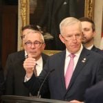 MP David Bexte speaks with reporters about Bill C-273 in Ottawa on April 15. He is surrounded by supporters. Photo: Jonah Grignon
